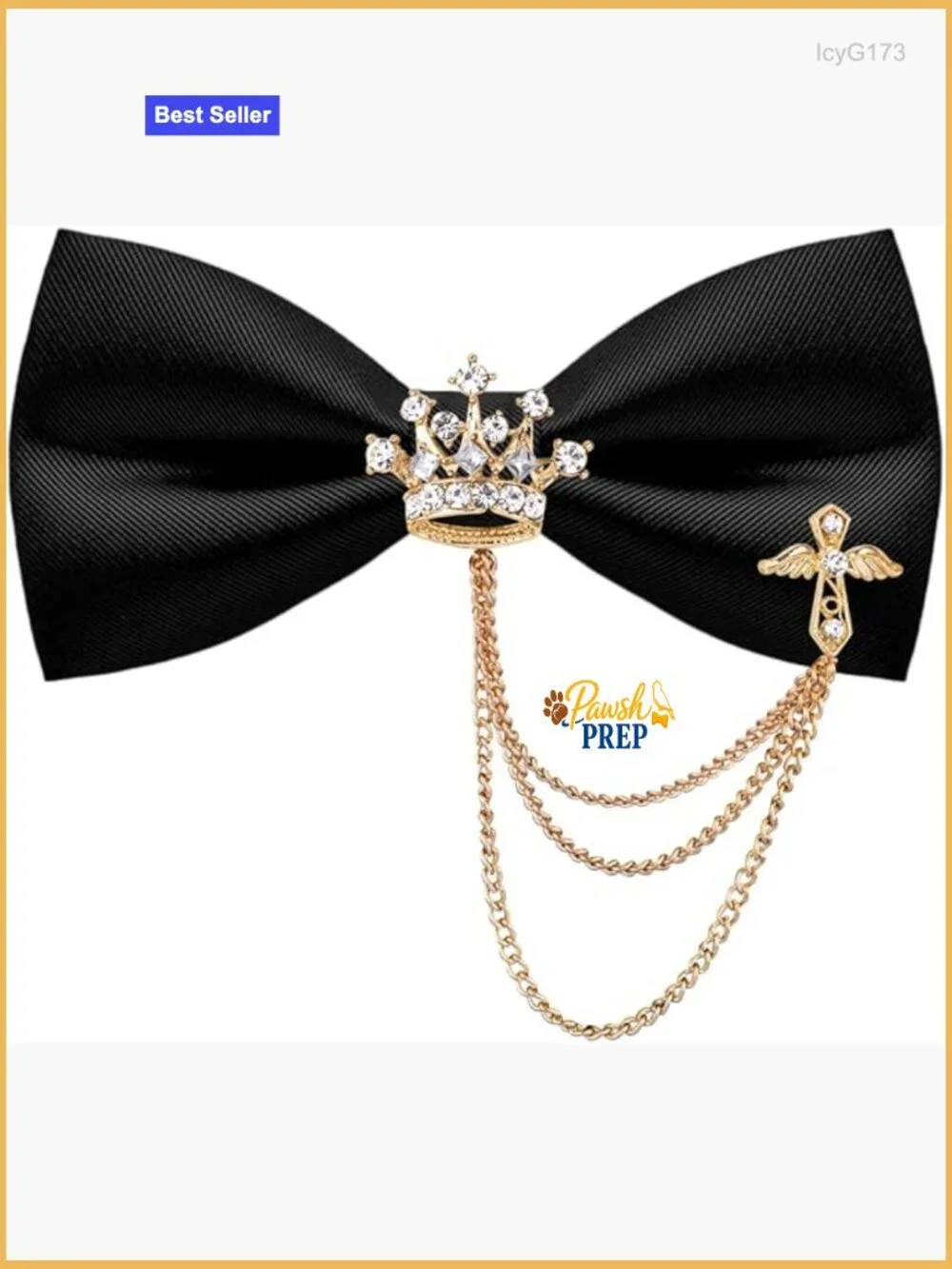 Adjustable Pre-Tied Bow Tie with Rhinestone Brooch Chain, One Size