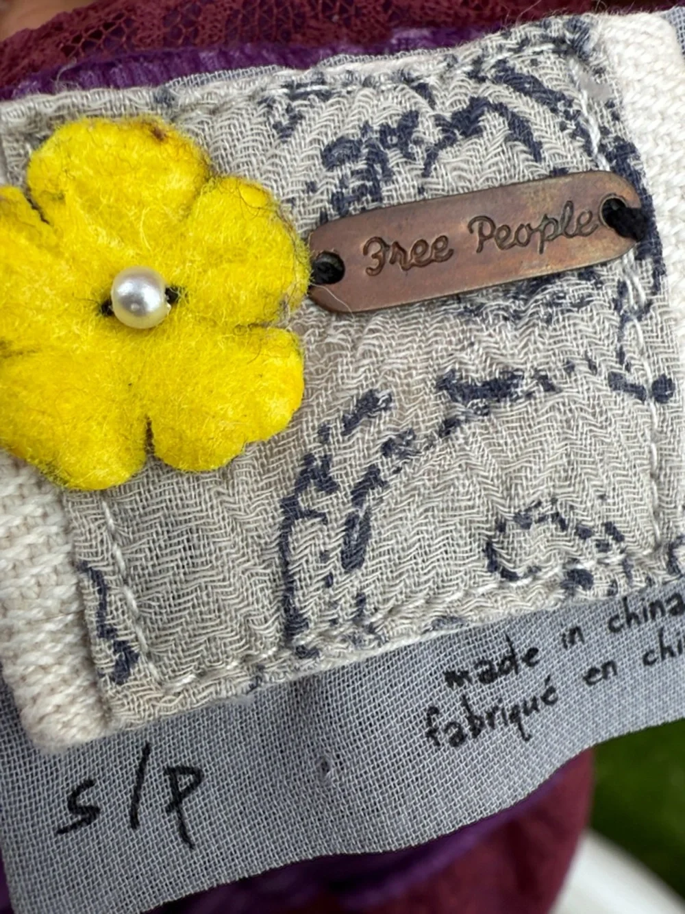 Free People Yellow Felt Flower Accent on Plum Fabric SP