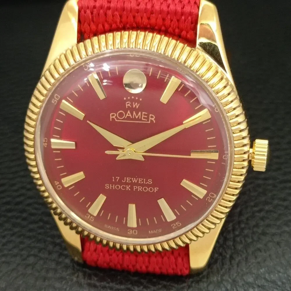 Vintage 1977 Roamer Manual Mens Gold Watch W/Nato Strap & Red accents
