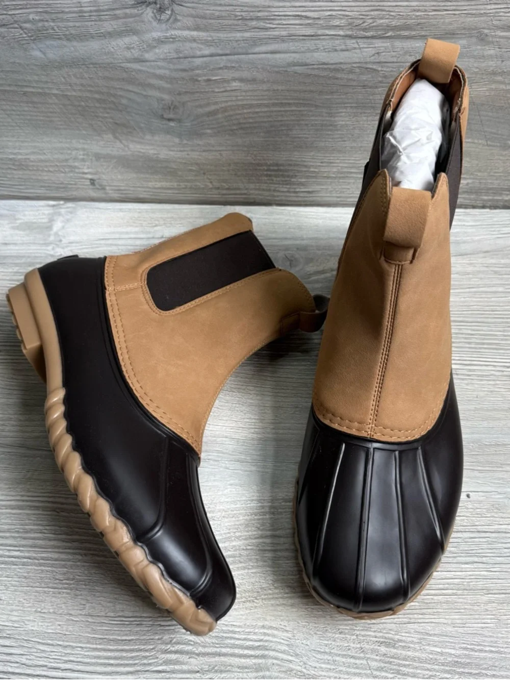 JBU men’s Tan and Dark Brown Duck Boot Chelsea Boots size 13