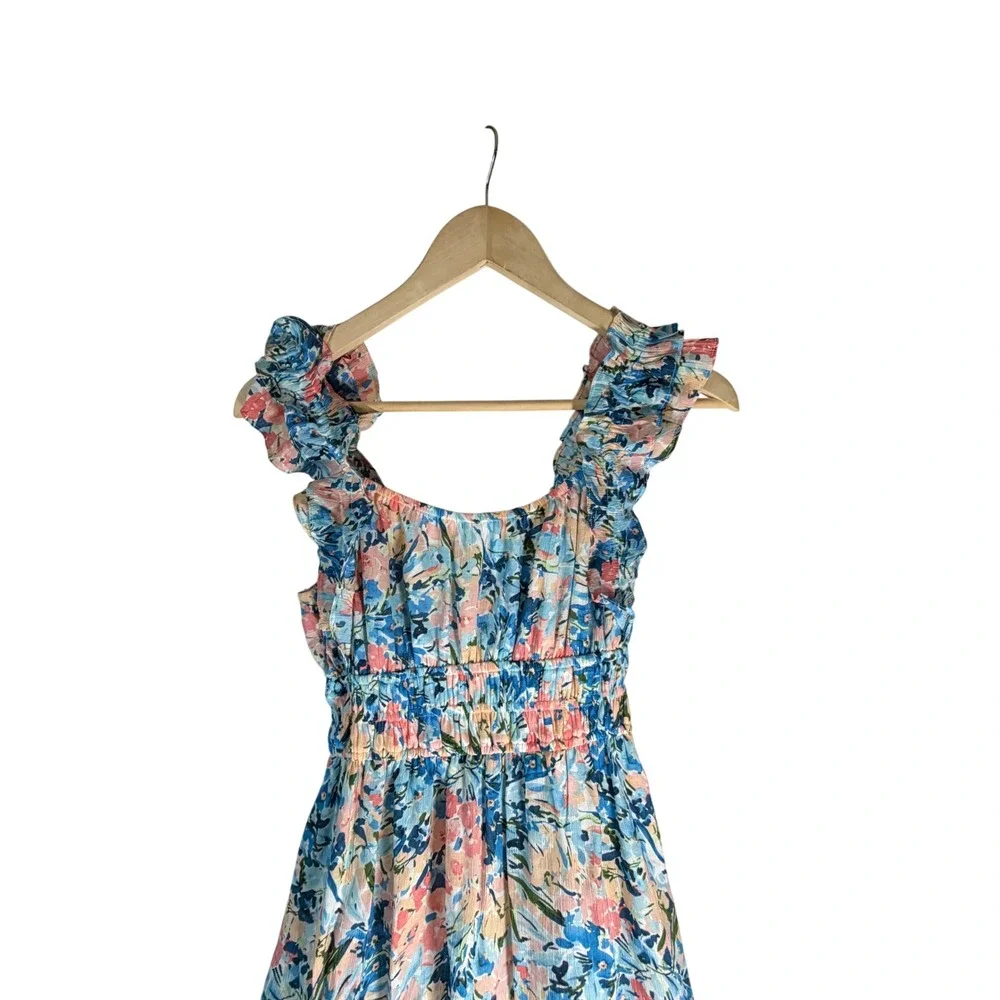 Abercrombie & Fitch Floral Smocked Maxi Dress Blue Pink Ruffle XS 159D2300