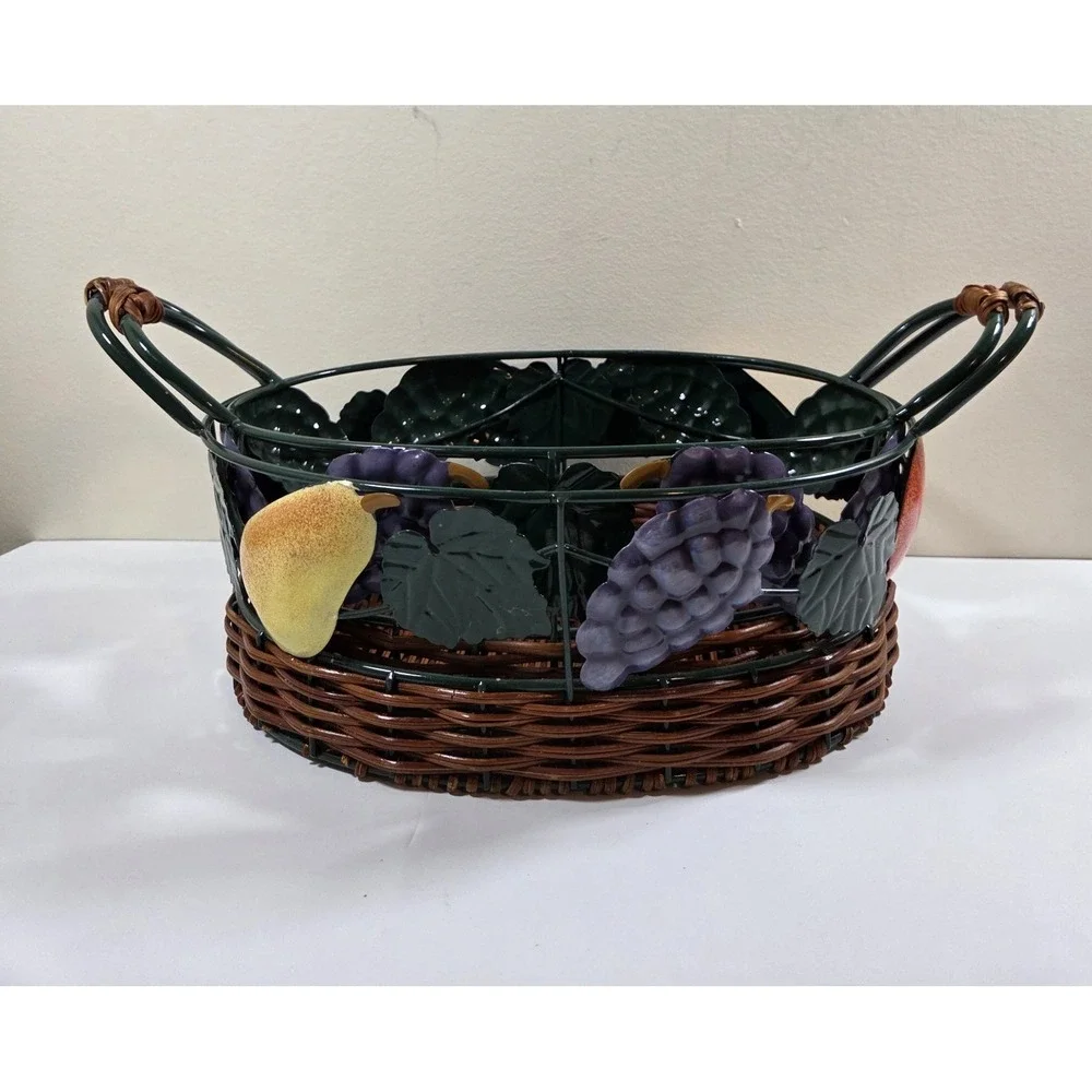 Vtg Pair Metal & Wicker Nesting Baskets W/Fruit Detail & Handles Oval Shape