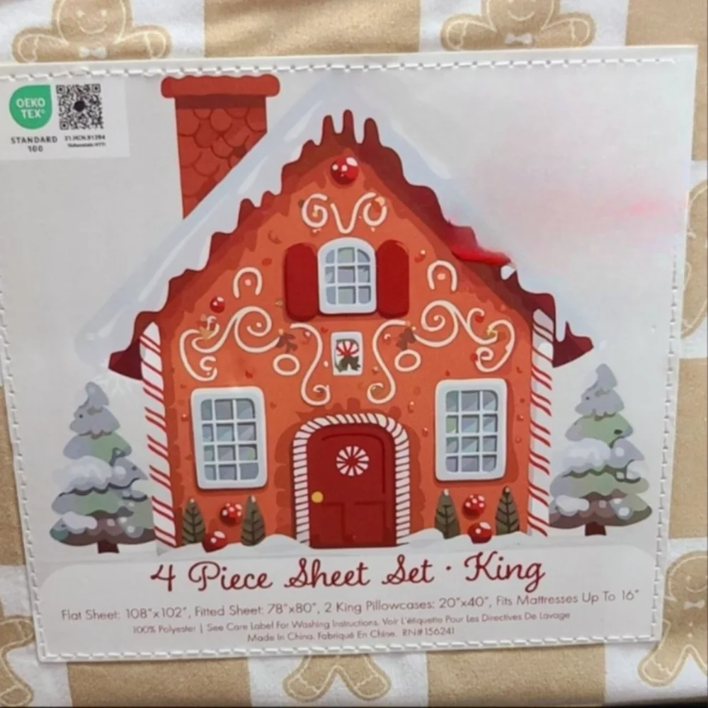 4pc Christmas Checkered Gingerbread Cookie King Bed Sheet Set NEW