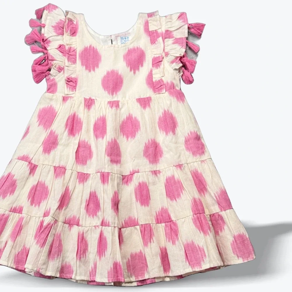 Mer St Barth Girls Dress Pink Ikat Tiered Tassel Ruffle Sleeve Size 2