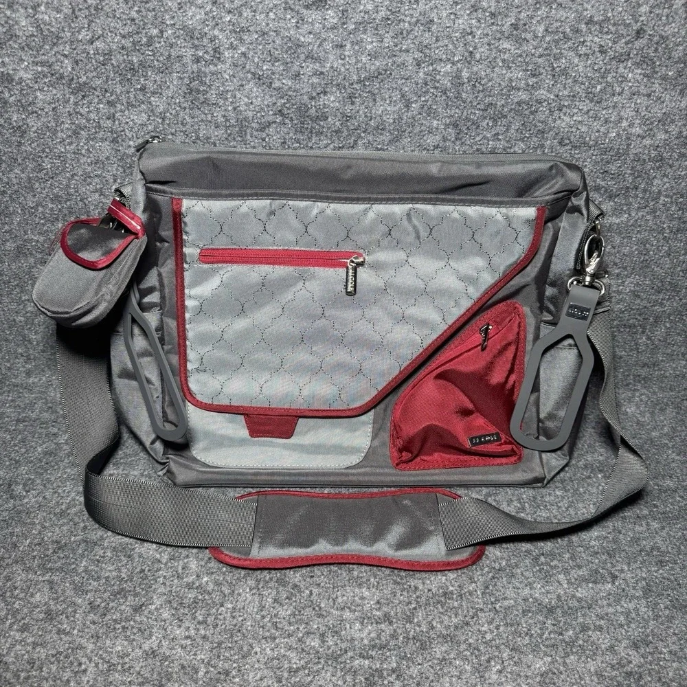 JJ Cole Gray Red Diaper Bag Tote w/ Accessories Shoulder Bag Set Messenger Bag