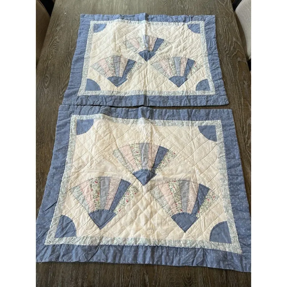 VTG Quilted Patchwork Pillow Shams Set Of 2 Hand Stitched Queen Fan Print