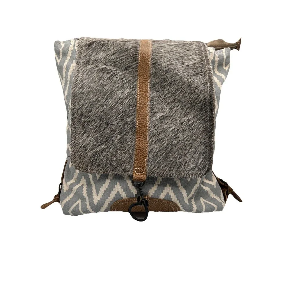 Myra Bag‎ Aztec Motif, Leather, Cotton Backpack, Flap Closure, Grey/White, VGC