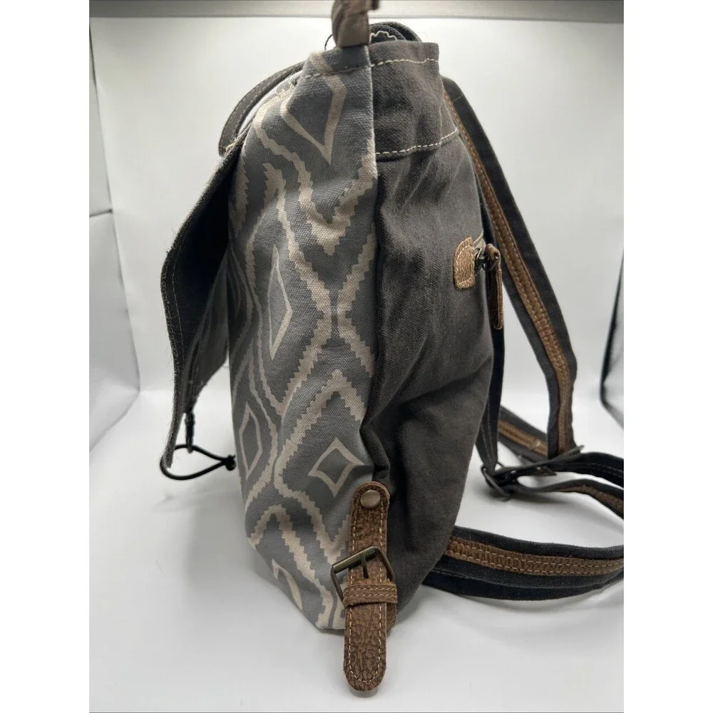 Myra Bag‎ Aztec Motif, Leather, Cotton Backpack, Flap Closure, Grey/White, VGC