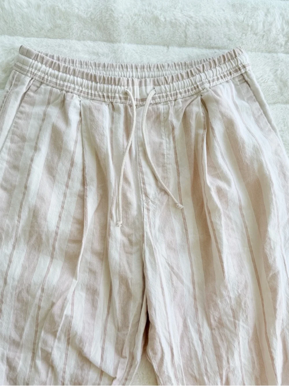 Zara Linen Blend Striped Pants Size M Beige Cream Drawstring Boho Beach