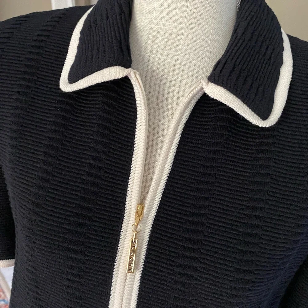 St. John 6/10 Skirt Suit Jacket Ribbed Knit Wool Tie Front Short Sleeve Zip