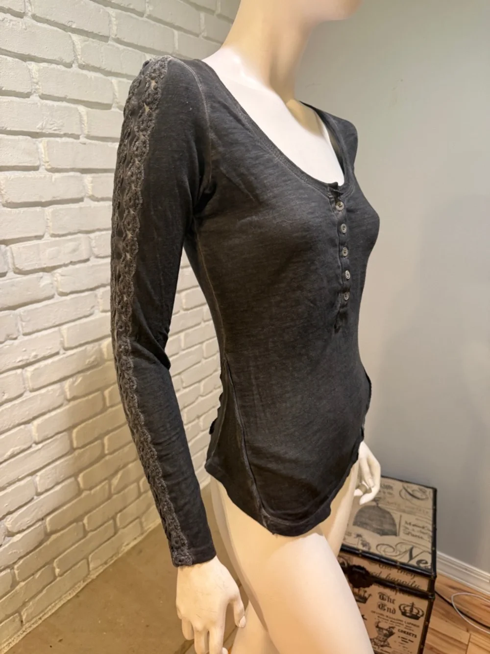 Free People Grey Lace Sleeve Henley Top Extra Small NWOT Boho Chic