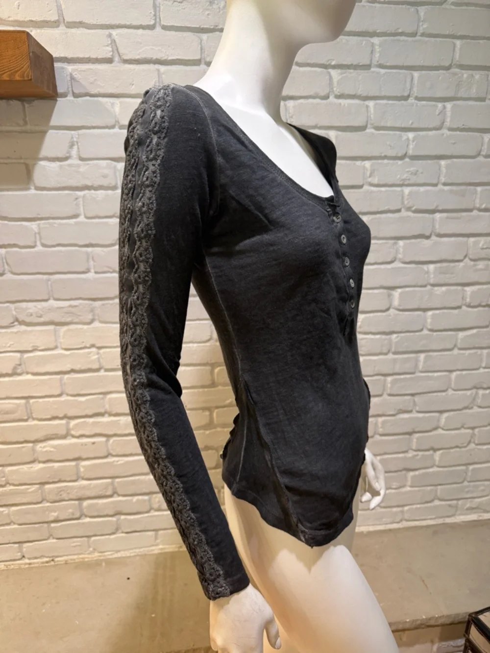 Free People Grey Lace Sleeve Henley Top Extra Small NWOT Boho Chic