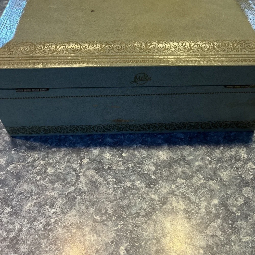 Vintage Blue Mele 2 Tier Leather Gold Trim Jewelry Box Baby Blue Velvet MCM Nice