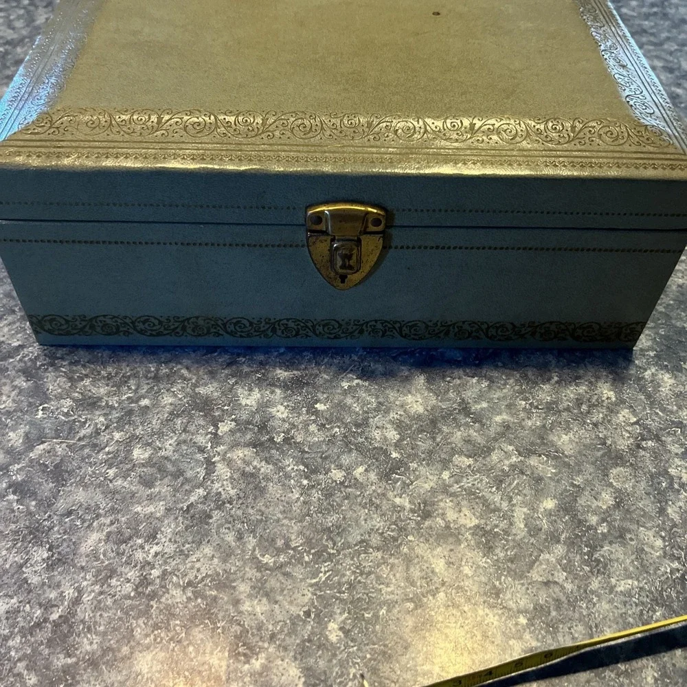 Vintage Blue Mele 2 Tier Leather Gold Trim Jewelry Box Baby Blue Velvet MCM Nice