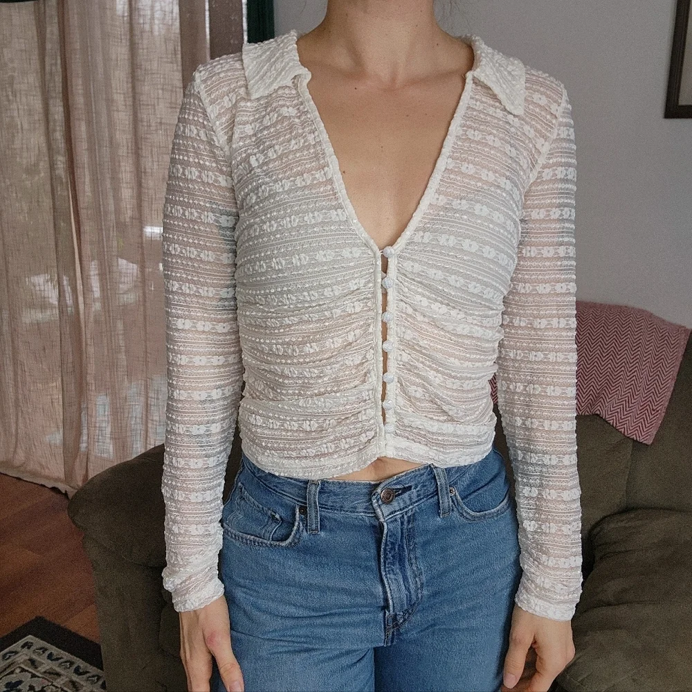Anthropologie Sheer Lace Button Front Long Sleeve Top Size Medium