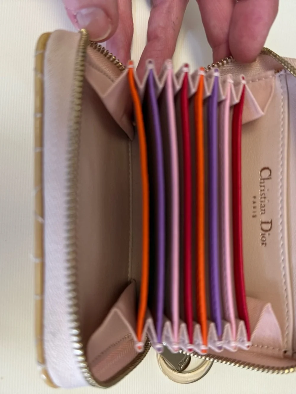 Dior Pink Leather Zip Card Wallet with Multi-Color Accordion Slots