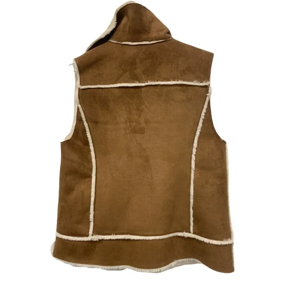 Zara Girls Size 9 / 10 140 cm Faux‎ Suede Shearling Vest Tan Zip Closure