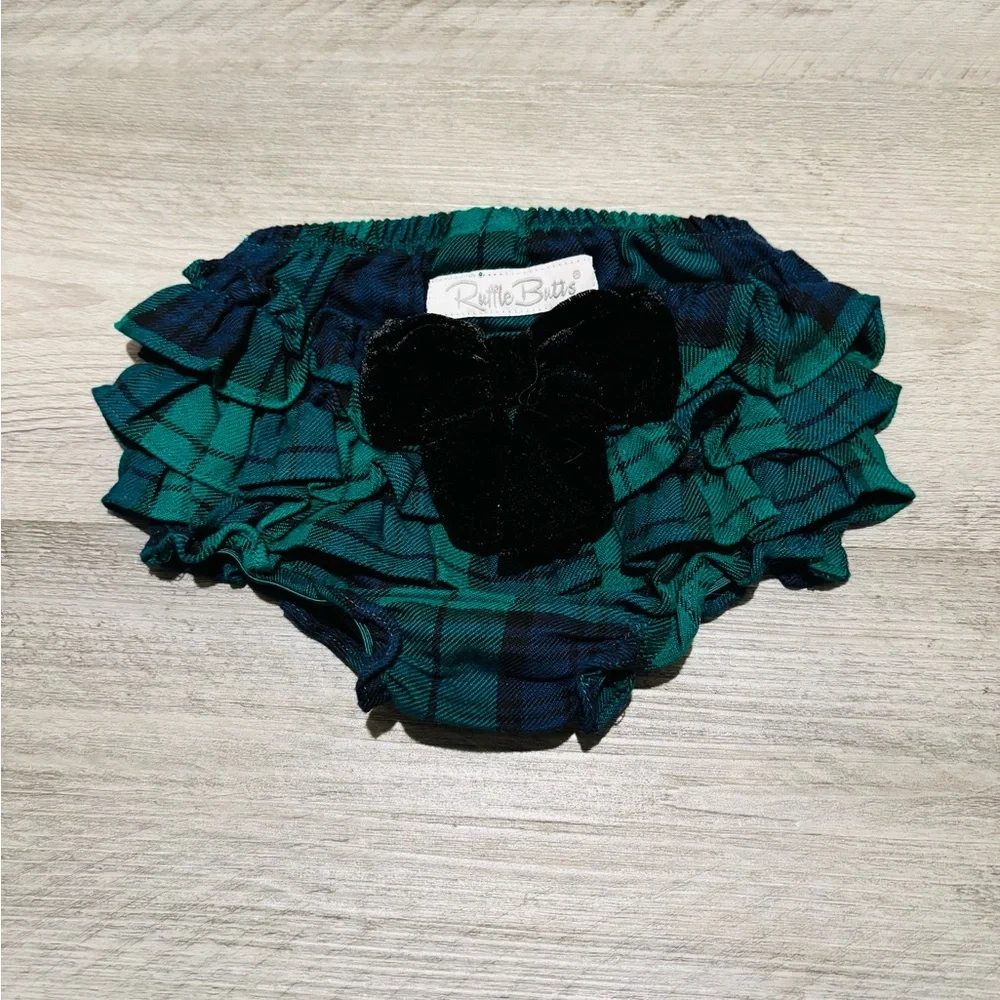 NWOT Ruffle Butts Green Plaid Ruffle Bloomers with Black Bow 6-12 Months
