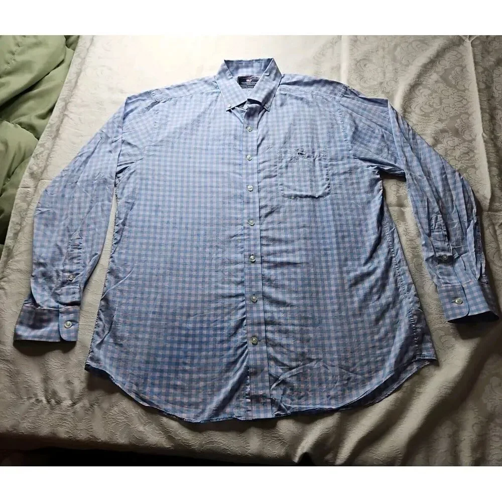 Vineyard Vines PINK BLUE Checked‎ Long Sleeve Cotton SLIM FIT TUCKER Shirt Large