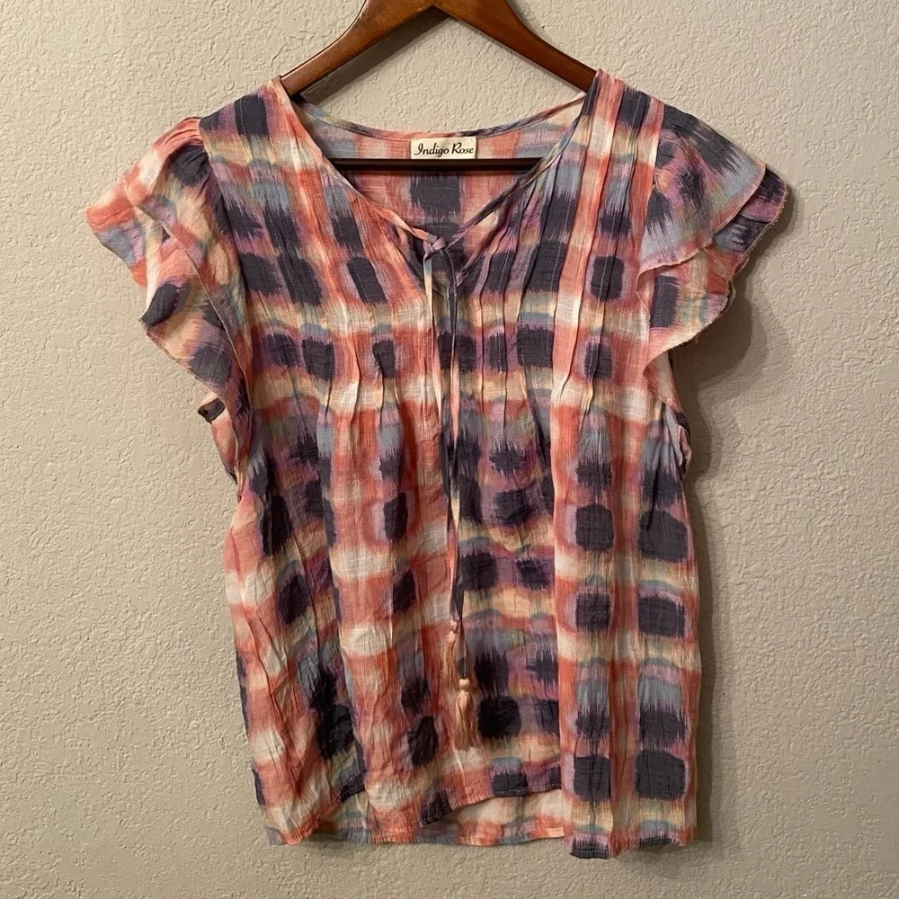 Indigo Rose Pink Purple & Blue Plaid Ruffle Blouse