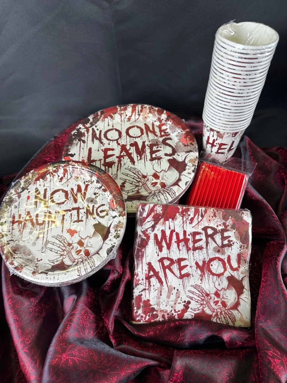 Halloween Paper Plates, Napkins, Cups and Straws Set