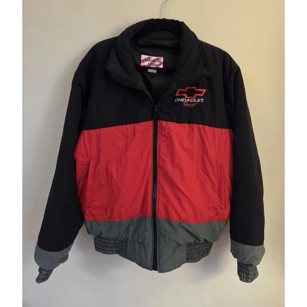 American Made Vtg 1990s Chevrolet Racing Bomber Jacket Red Black Size M