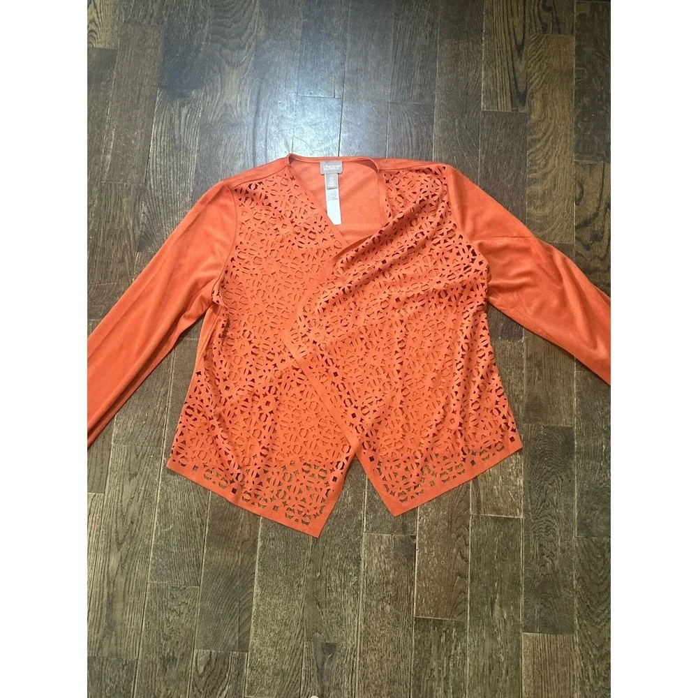 Chicos Size 0 (small)Orange Laser Cut Perforated Drape Front Faux Suede Jacket