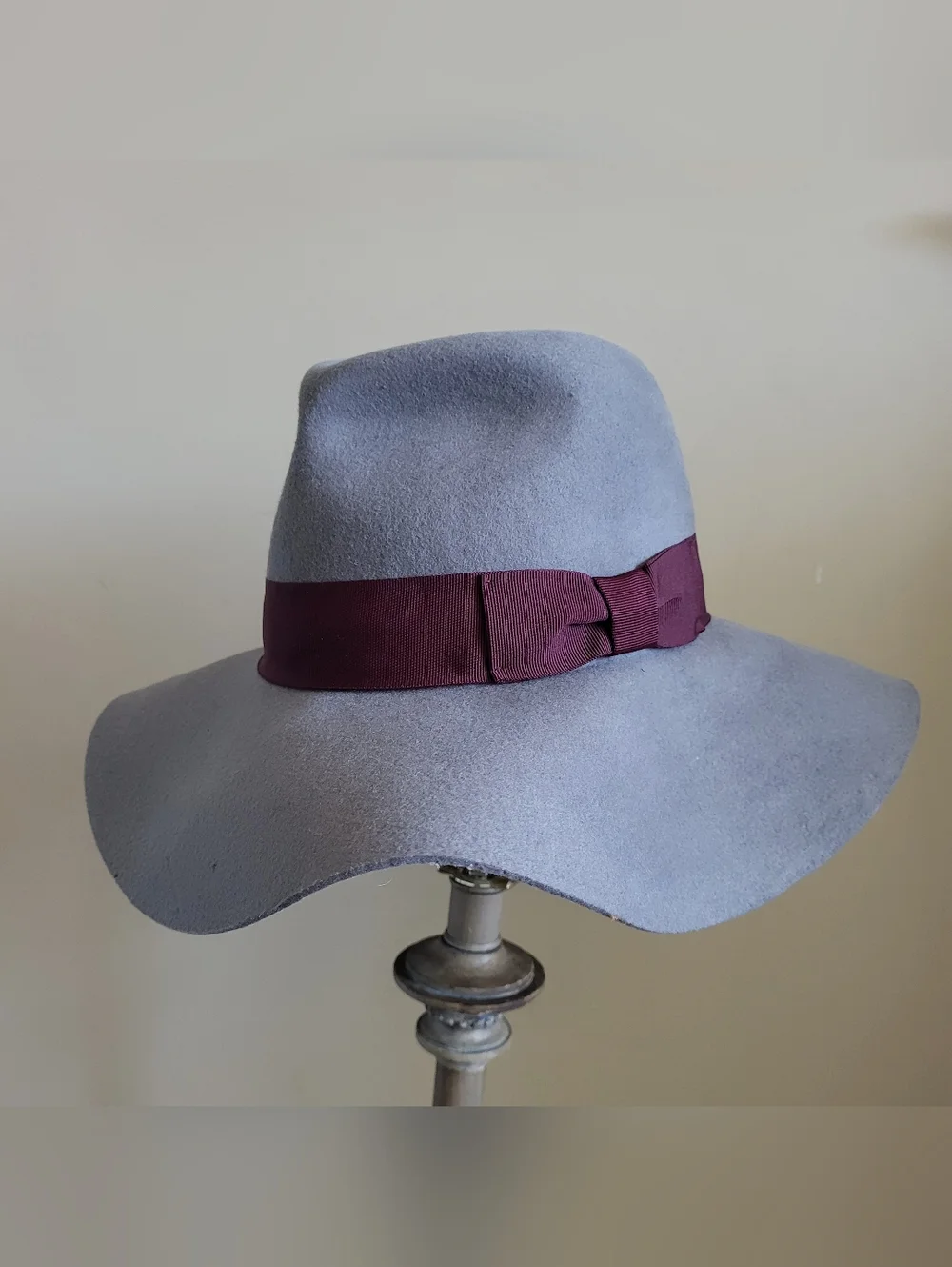 Grey Wool Wide Brim Fedora Hat Burgundy Ribbon Trim One Size