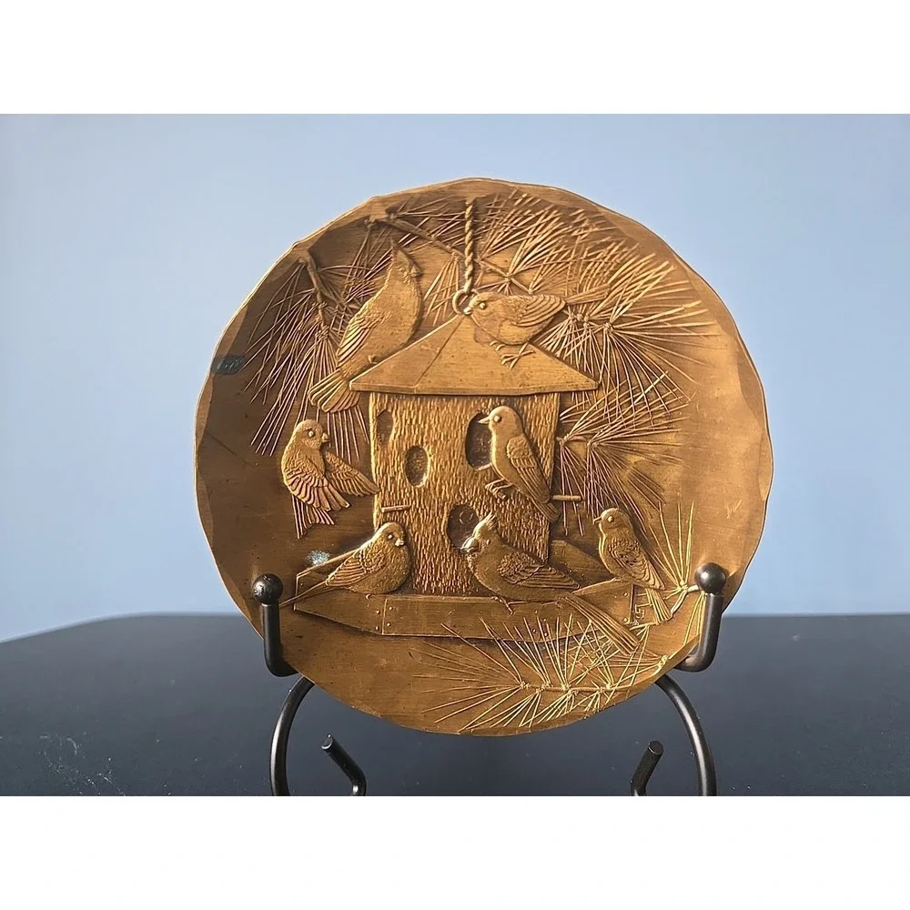 Vintage Wendell August Forge Solid Bronze Plate Handmade Birds Birdhouse Bird