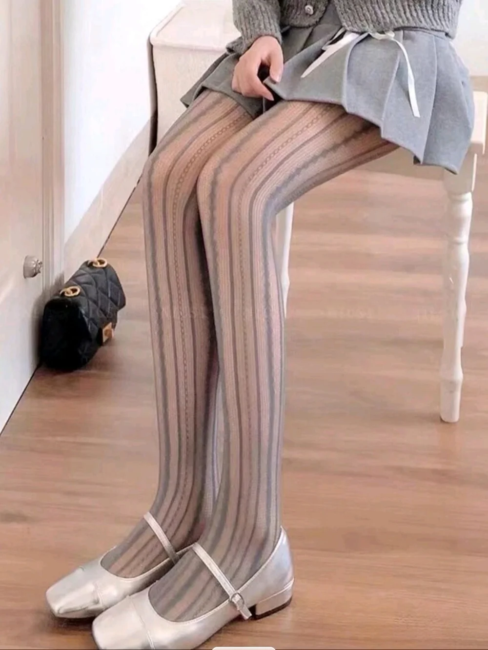 NWT Sexy Grey Vintage Romantic Vertical Striped Openwork Hosiery Tights