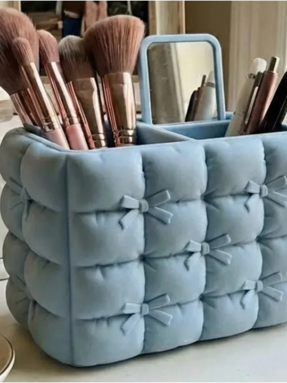 Blue Velvet Bow Cosmetic Organizer Caddy
