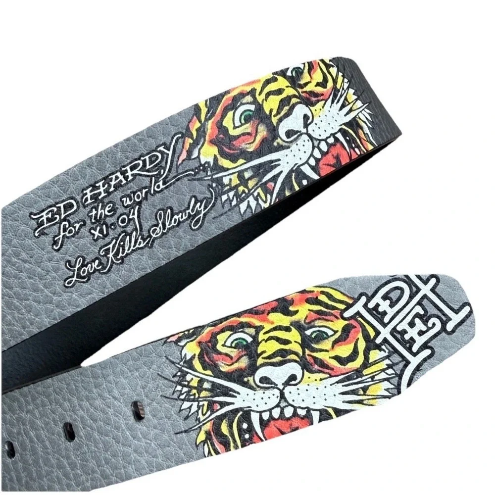 Ed Hardy Graphic Tiger Tattoo Style Design Gray Belt VB97510EHQA Size 38 NWT.