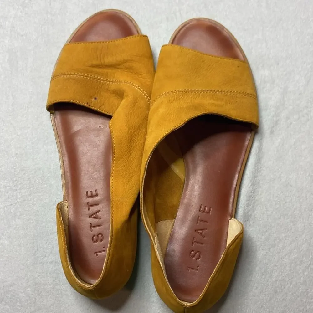 1. State mustard yellow nubuck leather suede open flat sandals Size 9