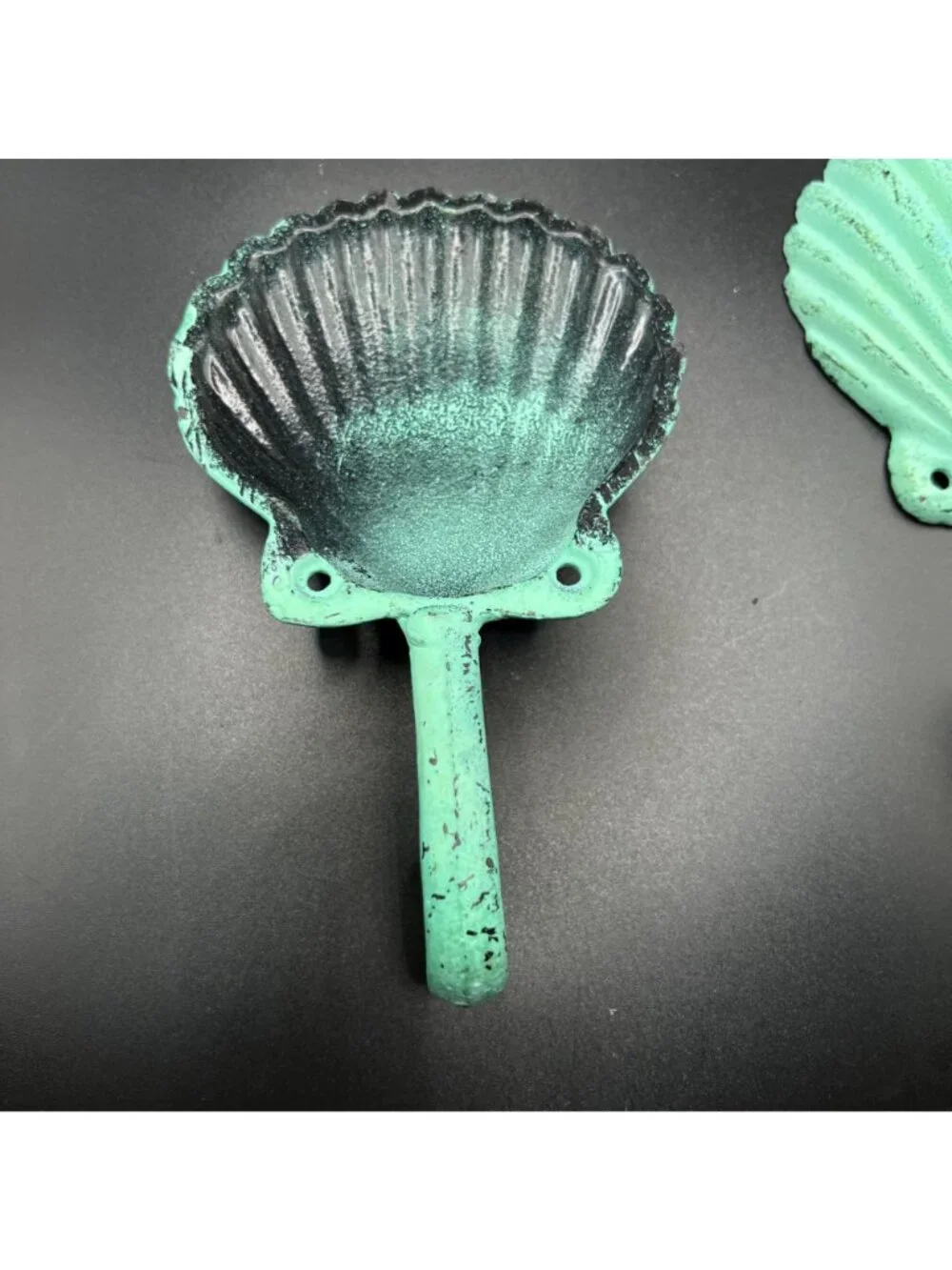 Cast Iron Shell Wall Hooks Distressed Aqua Green Coastal Nautical Set of 2 VTG