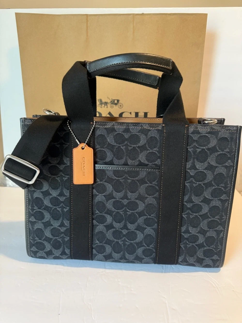 Coach Black Signature signature Smith Tote with Tan Leather Tag
