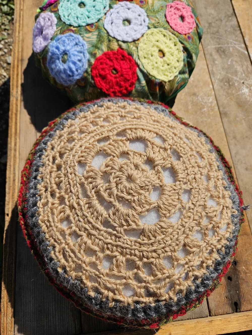 Vintage 70s Style Hand Crochet Round Boho Mandala Accent Throw Pillows Set of 2