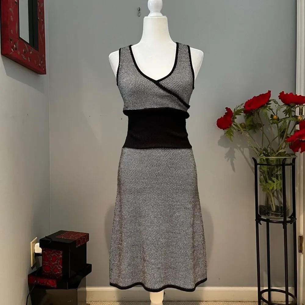 NEW Moda Merino Wool Houndstooth Plaid Classic Tailored Midi Sweater Dress S…