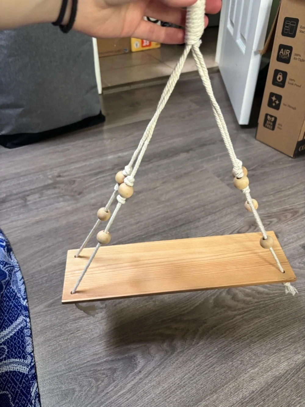 Wooden Hanging Shelf with Beaded Rope