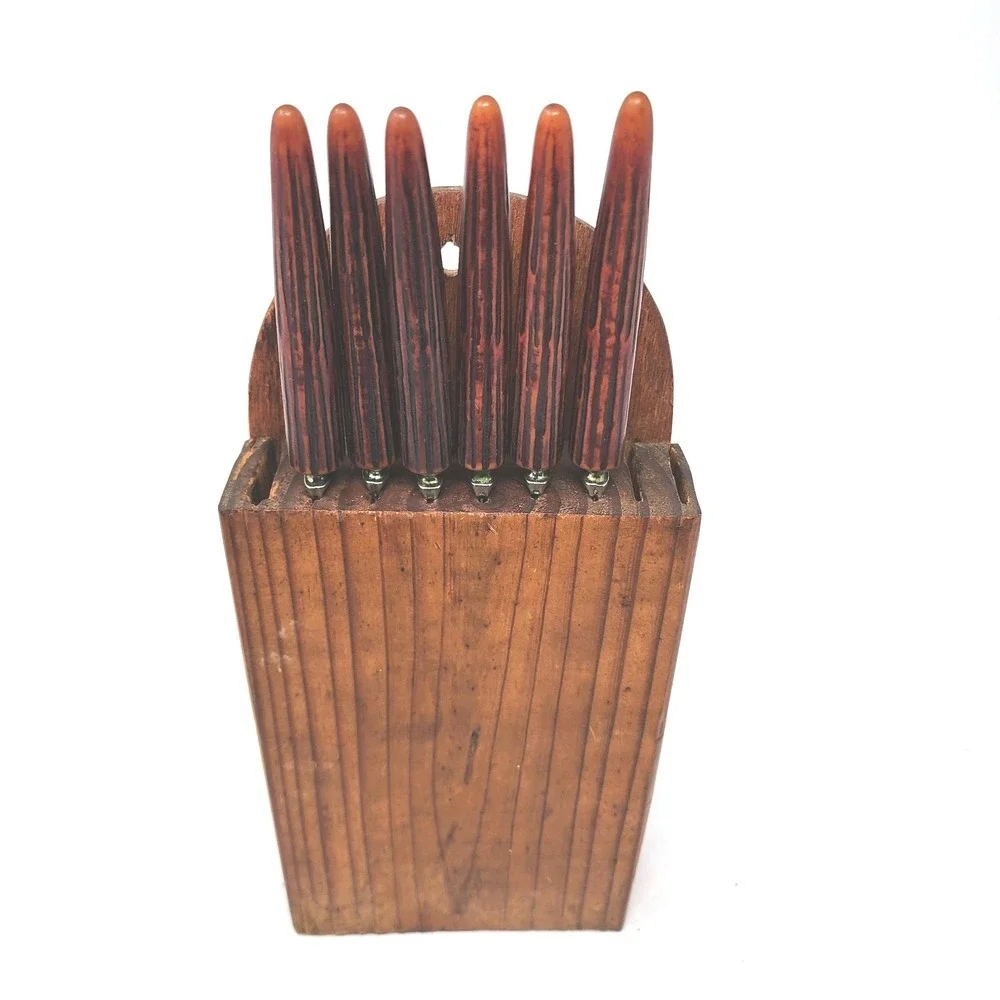 6 Regent Sheffield Steak Knives Stainless Bakelite Faux‎ Antler Handle VTG Block