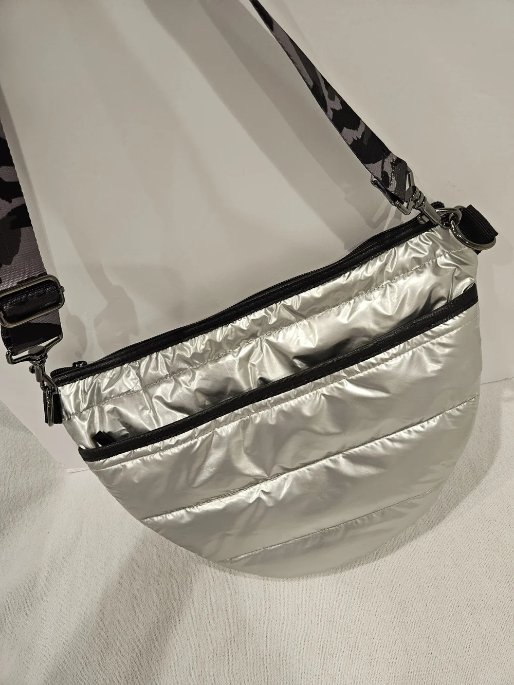 HAUTE SHORE Black Silver Quilted Pouch with Logo Lining Crossbody Shoulder Bag