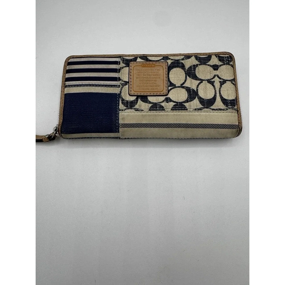 Vintage coach Patchwork Long Wallet Navy And Cream Solid And Stripe GC PT3