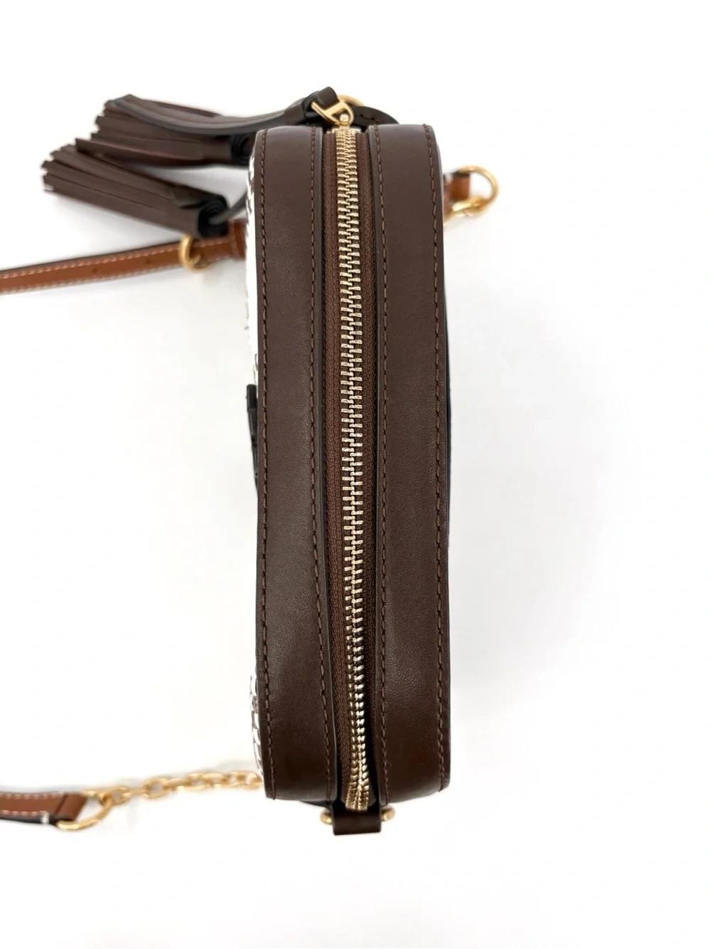 TORY BURCH McGraw Woven Plaid Camera Bag in Cold Brew