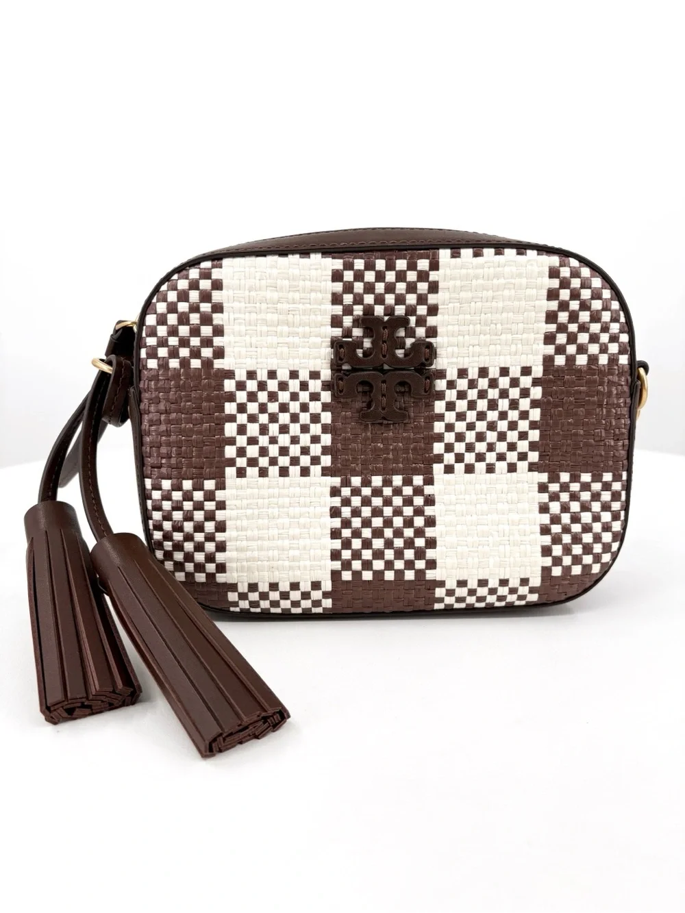 TORY BURCH McGraw Woven Plaid Camera Bag in Cold Brew