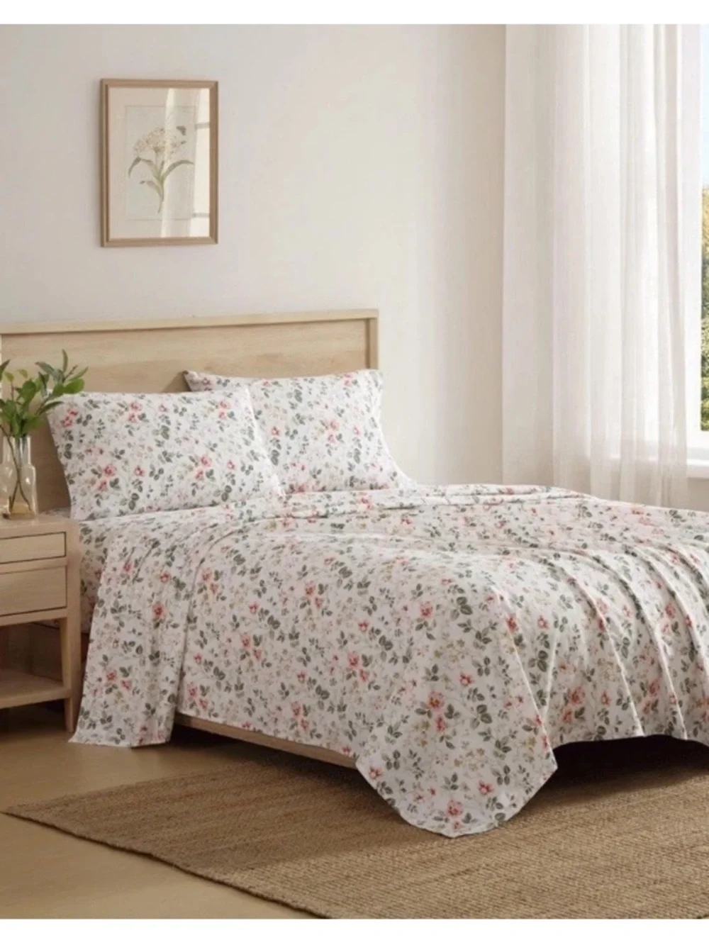 Laura Ashley ~ FULL ~ Meadow Floral Beige 4 Pc Sheet Set ~ 100% Cotton Percale