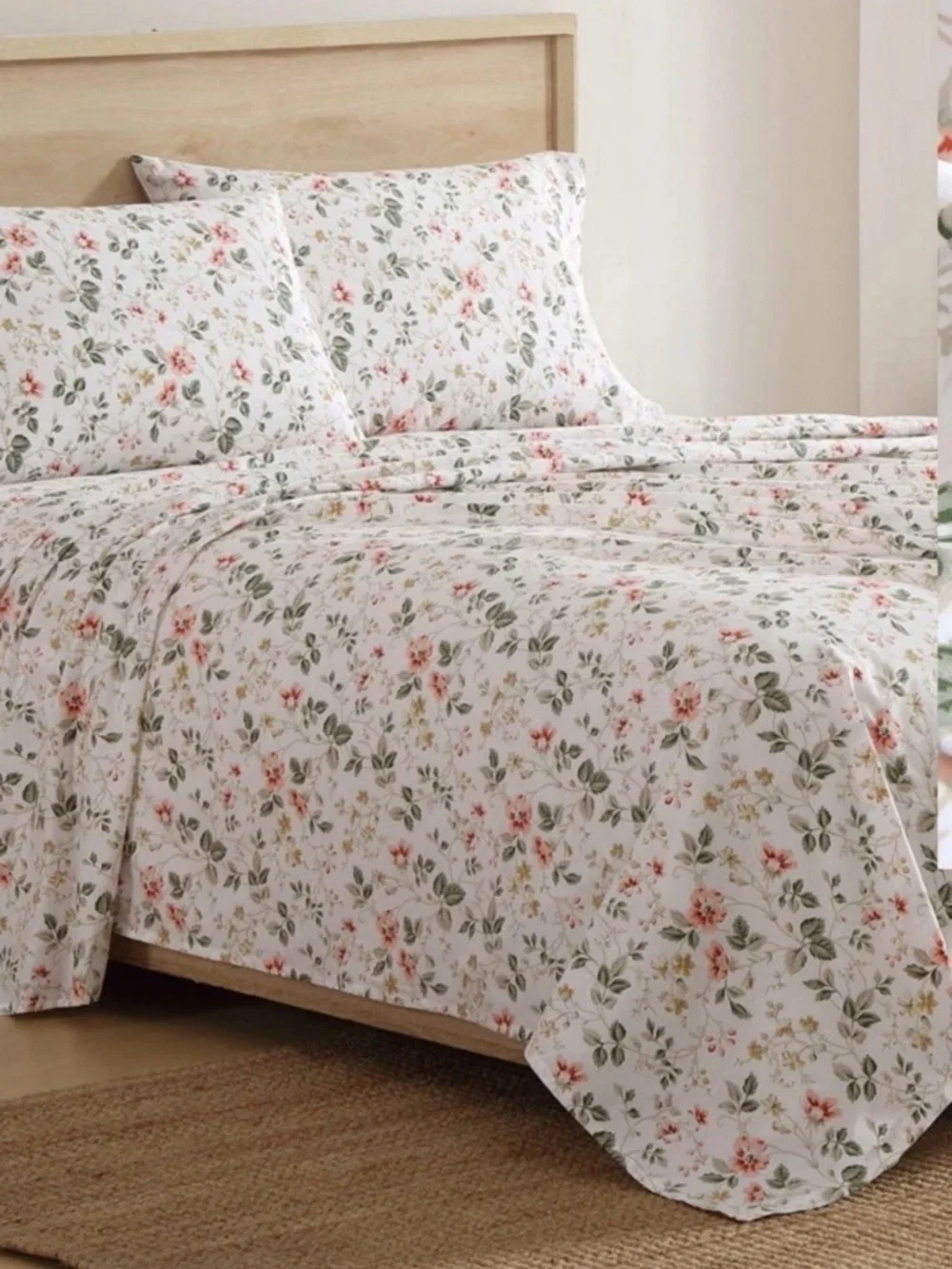 Laura Ashley ~ FULL ~ Meadow Floral Beige 4 Pc Sheet Set ~ 100% Cotton Percale