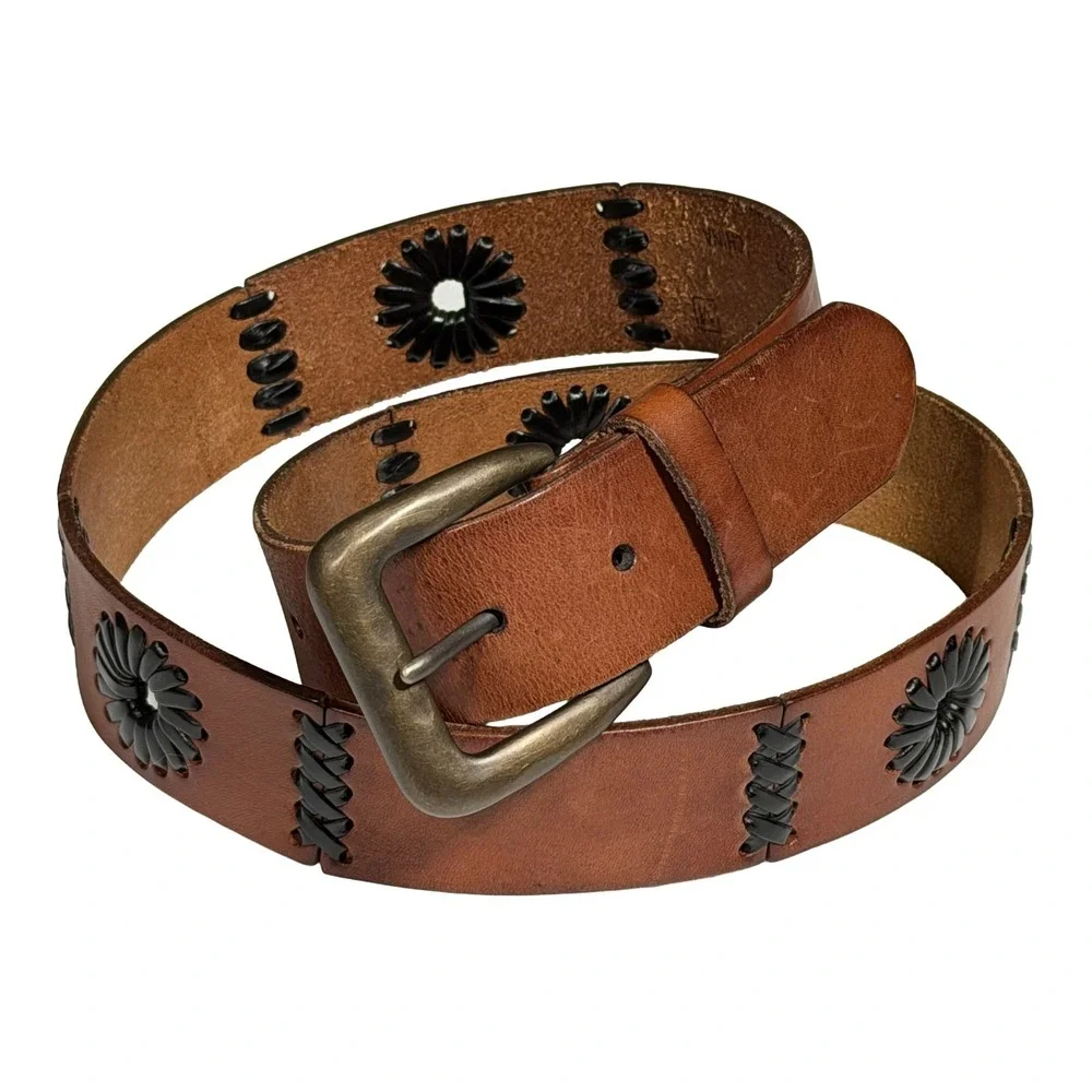 Leather Flower Stitched Brown Belt Women's  Medium Boho Whimsy Fits 34