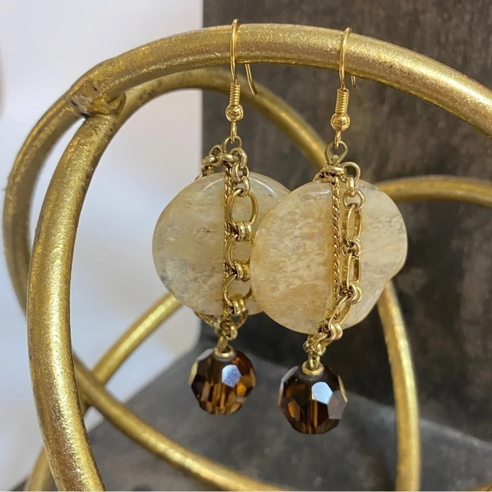 Statement Earrings Brown Beige Goldtone Link Chain Detail