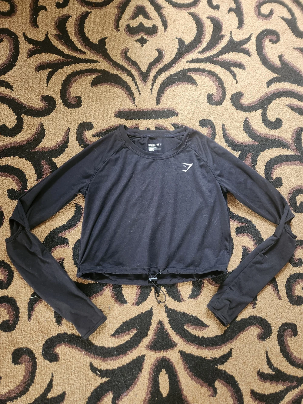 Gymshark Black Drawstring Long-Sleeve Cropped Workout Top Small Women's