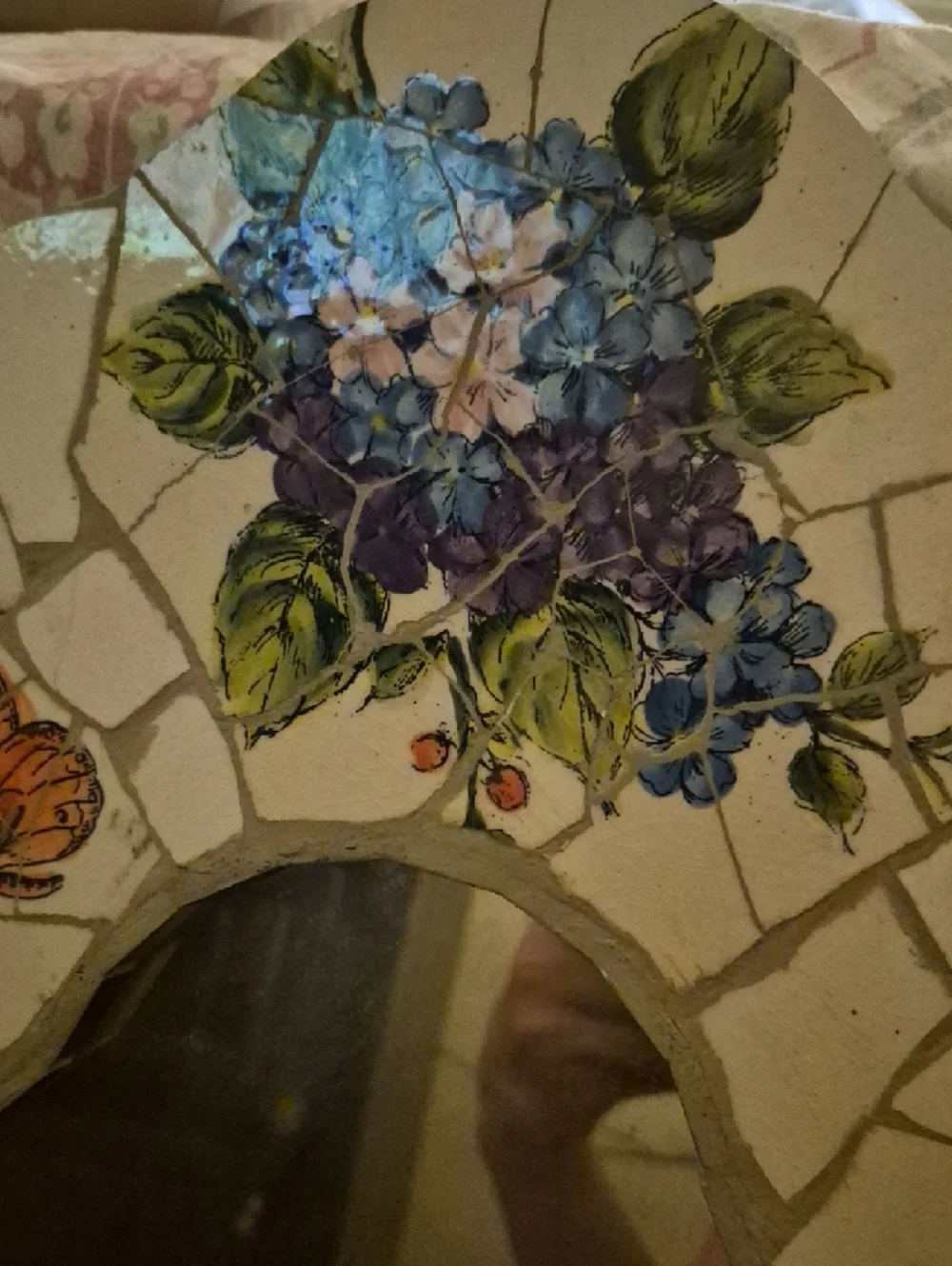 Handmade Mosaic Floral Mirror with Blue Hydrangeas and Butterflies