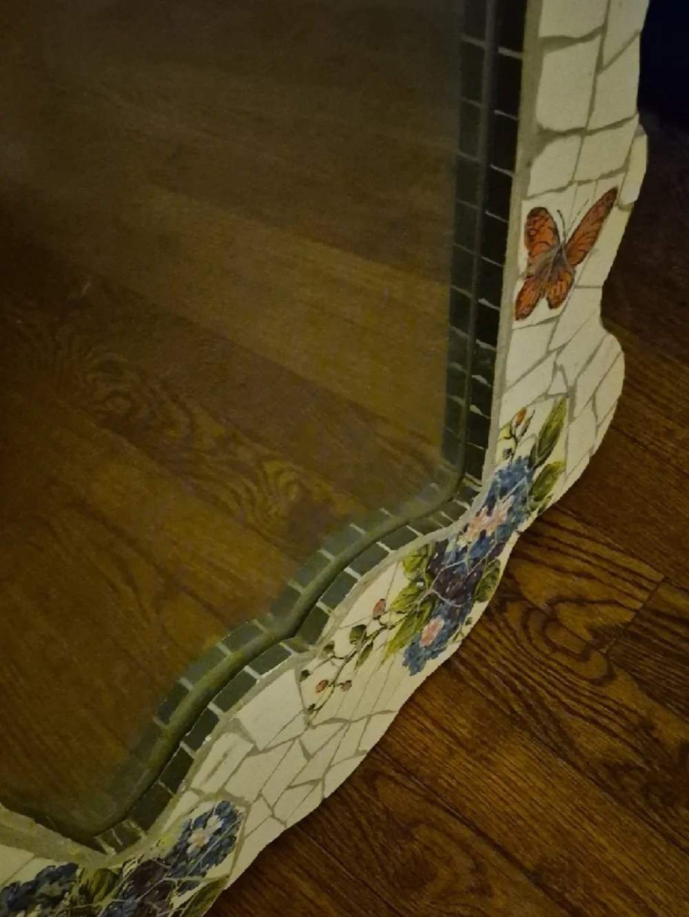 Handmade Mosaic Floral Mirror with Blue Hydrangeas and Butterflies